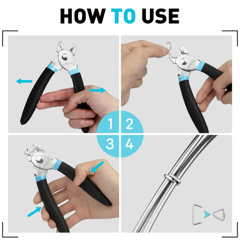 Pro Grade Hog Ring Pliers Kit With 600 Galvanized Rings In 3/8, 1/2, And 3/4 Inch usage instructions, showing hand positioning and ring application.