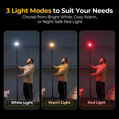 Man demonstrating Telescoping Camping Light With 3200 Lumens LED Lantern in white, warm, and red modes