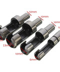 Upgrade Your Benchtop Game With This Slick Eight Piece Wood Plug Cutter And Dowel Maker Kit Featuring Straight And Tapered Drill Bits In Four Essential Metric Sizes, showing 6mm to 16mm bits.