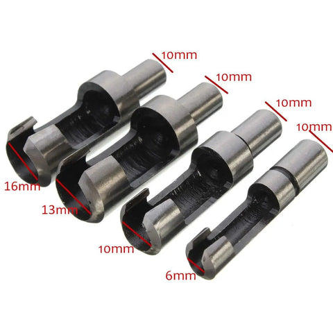 Upgrade Your Benchtop Game With This Slick Eight Piece Wood Plug Cutter And Dowel Maker Kit Featuring Straight And Tapered Drill Bits In Four Essential Metric Sizes, showing 6mm to 16mm bits.