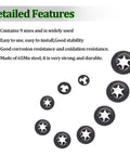 Ruipaba internal-tooth star lock washers assortment in nine sizes, black steel, front view