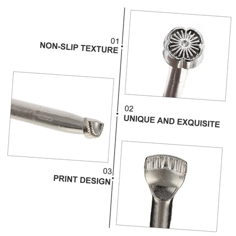 Close-up of tools from Leather Craft Tool Set 20Pcs Saddle Stamp Punch Kit For Leather Stamping And Carving Patterns On Belts Wallets And Bags