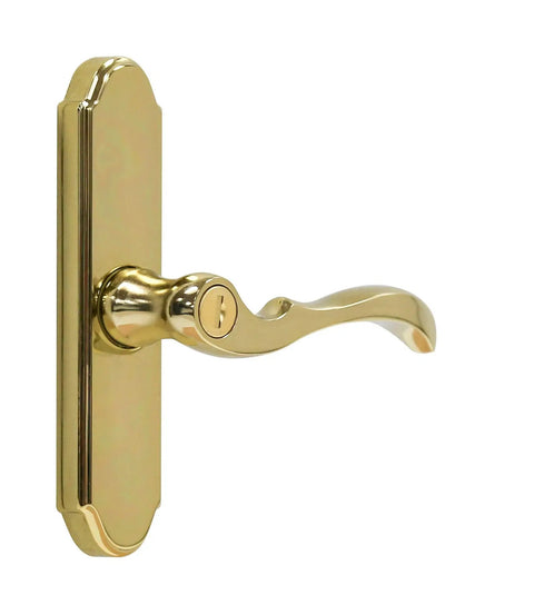Side view of Storm Door Handle Set With Keyed Deadbolt Brass Lever Mortise M2 Edge Bore Ready For Easy Install
