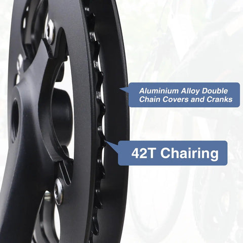 Close-up of 42T Alloy Crankset With Aluminum Double Chain Cover For E Bikes And Folding Bicycles showing chainring details.