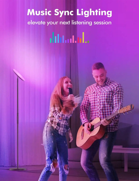People dancing with Smart RGB LED Floor Lamp With Alexa Google Home Control, WiFi Remote Dimmable Sky Torchiere in background