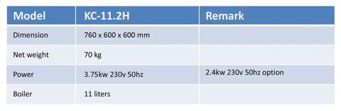 Technical specifications table for KC-11.2H model espresso machine, including dimensions, weight, power, and boiler size.