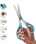 All Purpose Craft Scissors Set For Office And Home Four Pack Six Point Eight Inch And Eight Inch Sharp Stainless Steel Blades With Soft Grip Handles Everyday Workhorse Tools For Paper Cardboard Fabric Tape Packages And More shown held in hand with use icons