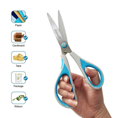 All Purpose Craft Scissors Set For Office And Home Four Pack Six Point Eight Inch And Eight Inch Sharp Stainless Steel Blades With Soft Grip Handles Everyday Workhorse Tools For Paper Cardboard Fabric Tape Packages And More shown held in hand with use icons