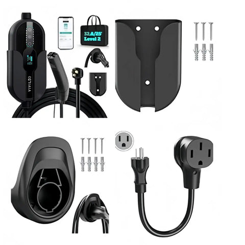 Portable EV Charger 30 Amps Level 1 And Level 2 With Wifi Smart App Hella Adjustable From 12 Amps To 30 Amps with accessories.