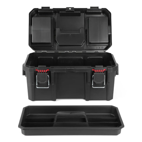 Heavy Duty 16 Inch Tool Box With Foldable Handle Durable Resin Tool Storage Organizer Reinforced Metal Latch Tabs Open View