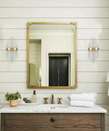 Modern Crystal Glass Wall Sconce Set Of 2 Gold Finish Bath Vanity Lights With Crystal Shade And Back Plate Wall Mount Luminaries For Living Room Bath Soft Warm Ambience Dress Up Your Space on wall beside mirror above vanity.