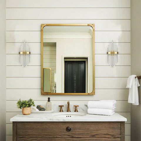 Modern Crystal Glass Wall Sconce Set Of 2 Gold Finish Bath Vanity Lights With Crystal Shade And Back Plate Wall Mount Luminaries For Living Room Bath Soft Warm Ambience Dress Up Your Space on wall beside mirror above vanity.