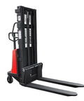 Rock Solid 3306 Lbs Semi Electric Pallet Stacker with black steel frame, manual steering, and 95-inch lift capability.