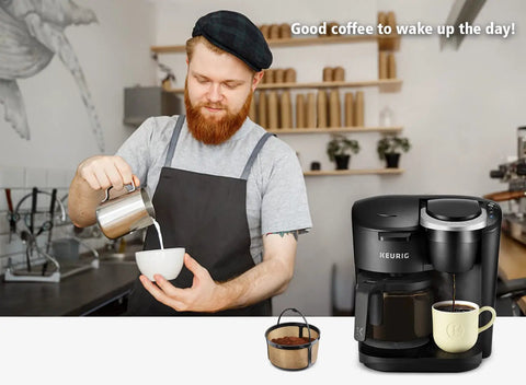 K Duo Compatible Reusable Coffee Filter For K Duo Essentials And K Duo Brewers Carafe Basket, shown with coffee setup