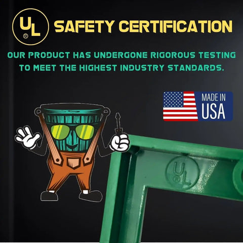 UL safety certification and Made in USA emblem next to green Three Eighths Inch Single Gang Outlet Box Extenders Pack Of Three.
