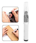 No Sweat Quick Heat Thread Burning Pen Trims And Melts Frayed Edges Handheld Electric Seam Sealer for fabrics in use on fabric and wood.