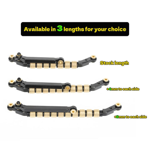 Copper Sleeve Bearing Steering Link For SCX24 And AX24, Adds 4mm Axles Each Side, Brass Ends For Heavier Front, Improves Steering Angles And Durability For RC Car Upgrade, shown in 3 lengths