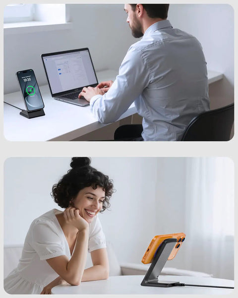 Magnetic Wireless Charging Stand For iPhone 12 Through 17 Series Onyx Black With Ultra Strong N52 Magnets used on desk and couch