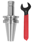 Top Notch Precision Collet Chuck Tool Holder Set 0.005mm For CNC Milling With Wrench, shown next to a red-handled wrench.