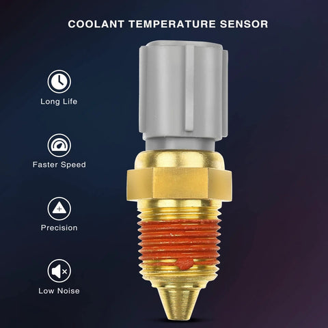 Engine coolant temperature sensor with gray plastic connector and brass threaded probe; red thread sealant visible.