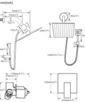 Diagram of Matte Black 2 Handles Tub and Shower Faucet Set With Tub Spout, Valve Included, dimensions in mm and inches