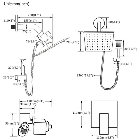 Diagram of Matte Black 2 Handles Tub and Shower Faucet Set With Tub Spout, Valve Included, dimensions in mm and inches