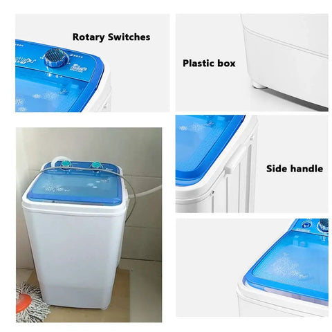 Total Game Changer Portable Washing Machine 6kg Compact Clothes Washer For Apartment Dorm RV Camping Zero Hassle Space Saving Laundry With Drain Hose Attached showing rotary switches, blue top detail, and side handle.