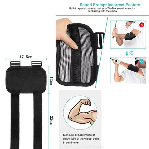Golf Swing Trainer Brace Version Two Point Zero To Amp Your Accuracy And Smooth Your Tempo Wrist Correction Set For Beginners Alignment Arm Trainer And Gesture Practice Aid That Helps You Lock In A Solid On Course Swing with detailed dimensions and use illustration.