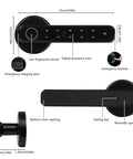 No Sweat 4 In 1 Smart Door Lock With Rapid Fingerprint Scanner Keypad Pin Ic Card Swipe And Mechanical Key Backup Solid Matte Black Lever for house or apartment set up showing features and dimensions.