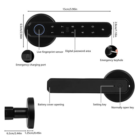 No Sweat 4 In 1 Smart Door Lock With Rapid Fingerprint Scanner Keypad Pin Ic Card Swipe And Mechanical Key Backup Solid Matte Black Lever for house or apartment set up showing features and dimensions.