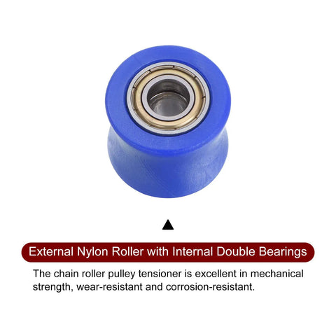 Bombproof 10mm Nylon Chain Roller Tensioner Slider Kit For Mini Motorcycle Dirt Bike ATV Go Kart Concave Guide Wheel Pulley Blue heavy-duty nylon roller with double bearings.