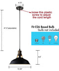 Diagram of Dope Black Industrial Pendant Lights 3 Pack, Barn Shade Bar Kitchen Island Lighting, with dimensions and bulb type, ETL listed.