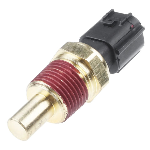 Engine coolant temperature sensor, brass threaded body with red seal and black connector (front view).