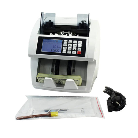 Professional No Sweat Cash Counter With Lcd Screen Bill Validator And Ultraviolet Fake Money Detector Fast Sorter For Mixed Denominations, showing LCD panel and bills.