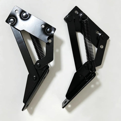 Heavy Lifter 90 Degree Bench Seat Hinge Pair Built Straight Up Tough For Toy Box Lid Support And Cabinet Doors Featuring Smooth Foldable Lifting Bracket Crafted From Cold Rolled Steel In Glossy Black, showing two black steel lift hinges.