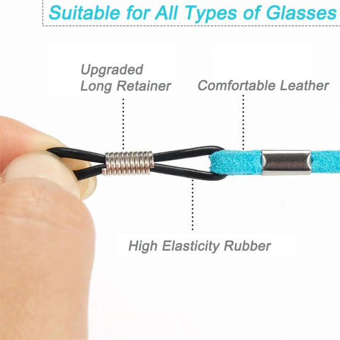 Close-up of 4 Pack Adjustable Eyeglass Straps Leather Glasses Chain Lanyard Set with highlighted features like comfort and elasticity.
