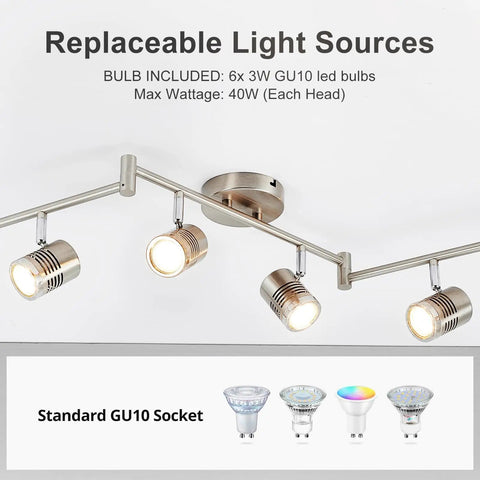 6 Light Track Lighting Fixtures With Swing Arm Heads for Kitchen and Living Room, GU10 LED bulbs shown