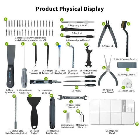 Creality 74-piece 3D printer tool kit with deburring tool, nozzle cleaner, screwdrivers, and pliers