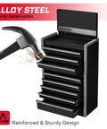 Heavy Duty Pro Grade 8 Drawer Rolling Tool Box Set In Black Stackable Micro Roll Cab With Lockable Drawers 3 Drawer Top Chest And 5 Drawer Roll Cab Combo Built For Your Garage And Workshop, hammer on open drawer