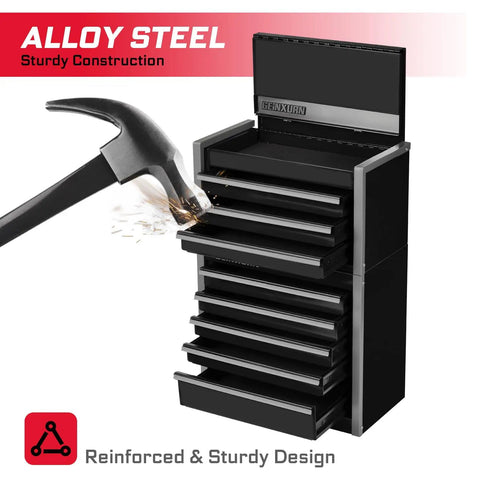 Heavy Duty Pro Grade 8 Drawer Rolling Tool Box Set In Black Stackable Micro Roll Cab With Lockable Drawers 3 Drawer Top Chest And 5 Drawer Roll Cab Combo Built For Your Garage And Workshop, hammer on open drawer