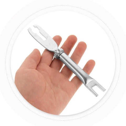 Rear Drum Brake Hardware Kit For DIYers, Leak Free Operation With Steel Springs Pins And Retainers, Advanced Sealing Tech For Reliable Car Drum Brake Maintenance, Built Tough To Extend Lifespan, silver brake adjuster tool in hand