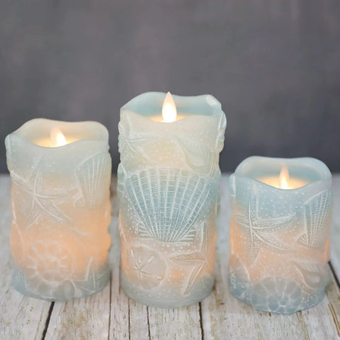Ocean Themed Flameless Seashell Candles With Remote Control Real Wax Flicker Effect Battery Powered For Home Decor Party Wedding Nautical Christmas Easter Set Of 3 Blue