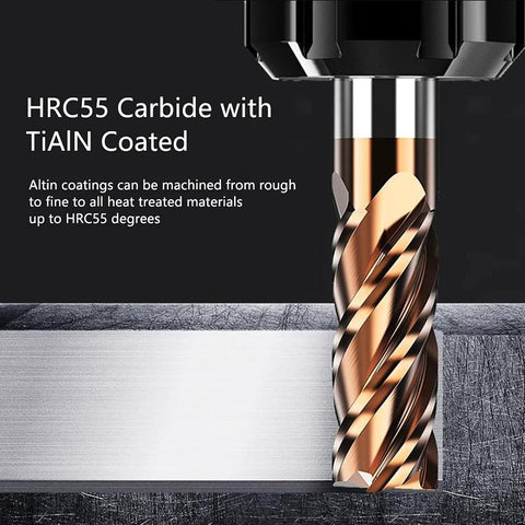 Carbide square end mill, close-up, 4-flute, TiAlN-coated, gold-silver cutting tool for hard steels