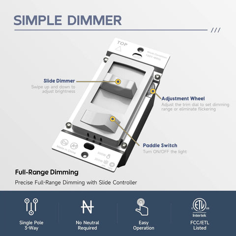 Detailed view of Single Pole And 3-Way No-Fuss LED Dimmer Switch For Dimmable LED And CFL And 600W Halogen And Incandescent Bulbs, ETL Listed