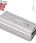 Gray 2 In 1 Bag Sealer And Cutter Portable USB Rechargeable Heat Sealer With Snack Bag, USB Cable, and Magnetic Resealer.