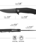 Folding Pocket Knife With 3.23 Inch Stainless Steel Blade And G10 Handle Pocket Clip EDC Knife showing dimensions and features
