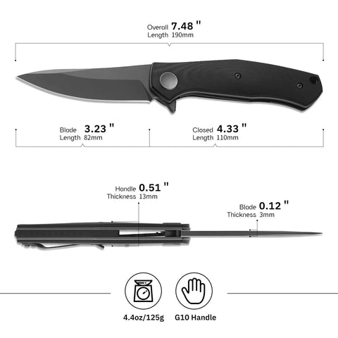 Folding Pocket Knife With 3.23 Inch Stainless Steel Blade And G10 Handle Pocket Clip EDC Knife showing dimensions and features