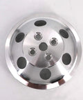 Heavy Duty Aluminum Double Groove Water Pump Pulley For Small Block Chevy 265 283 305 327 350 383 400 With Short Pump Slick Satin Finish Built Tough Zero Play Locktight Bolt On viewed from above showing polished surface and bolt holes.