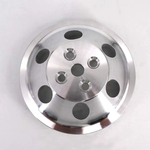 Heavy Duty Aluminum Double Groove Water Pump Pulley For Small Block Chevy 265 283 305 327 350 383 400 With Short Pump Slick Satin Finish Built Tough Zero Play Locktight Bolt On viewed from above showing polished surface and bolt holes.
