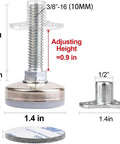Six Pack Heavy Duty Adjustable Furniture Leveling Feet with threaded precision for tables and chairs, showing dimensions.